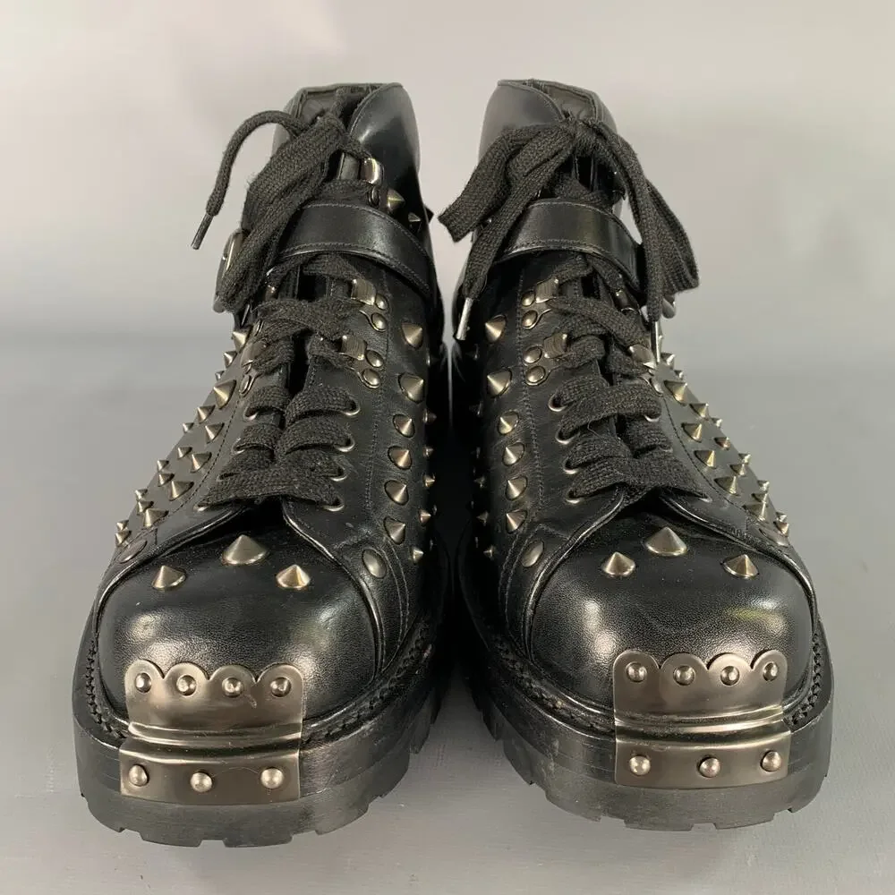 PRADA Size 12 Black Studded Leather Ankle Boots